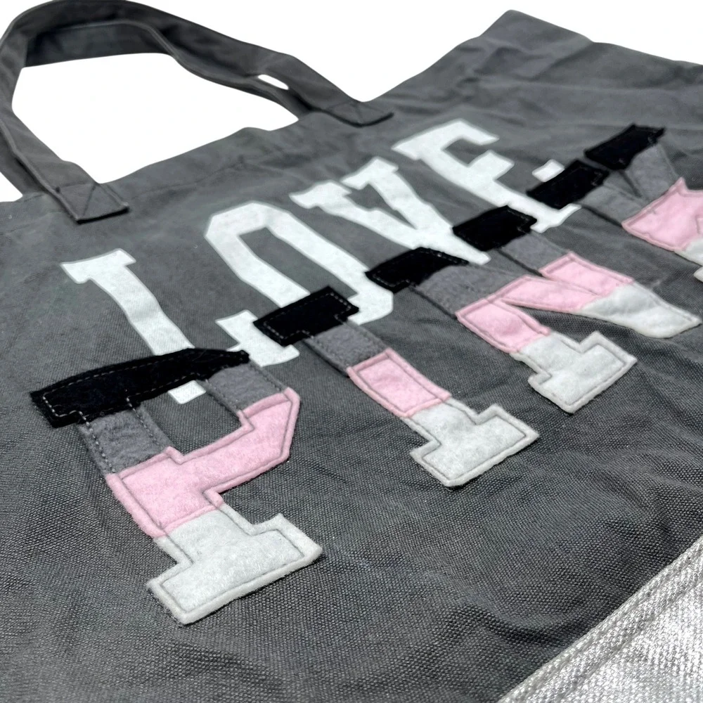PINK Victoria's Secret Logo Tote Gray Patch Letters Y2K Style Book‎ Bag/Travel